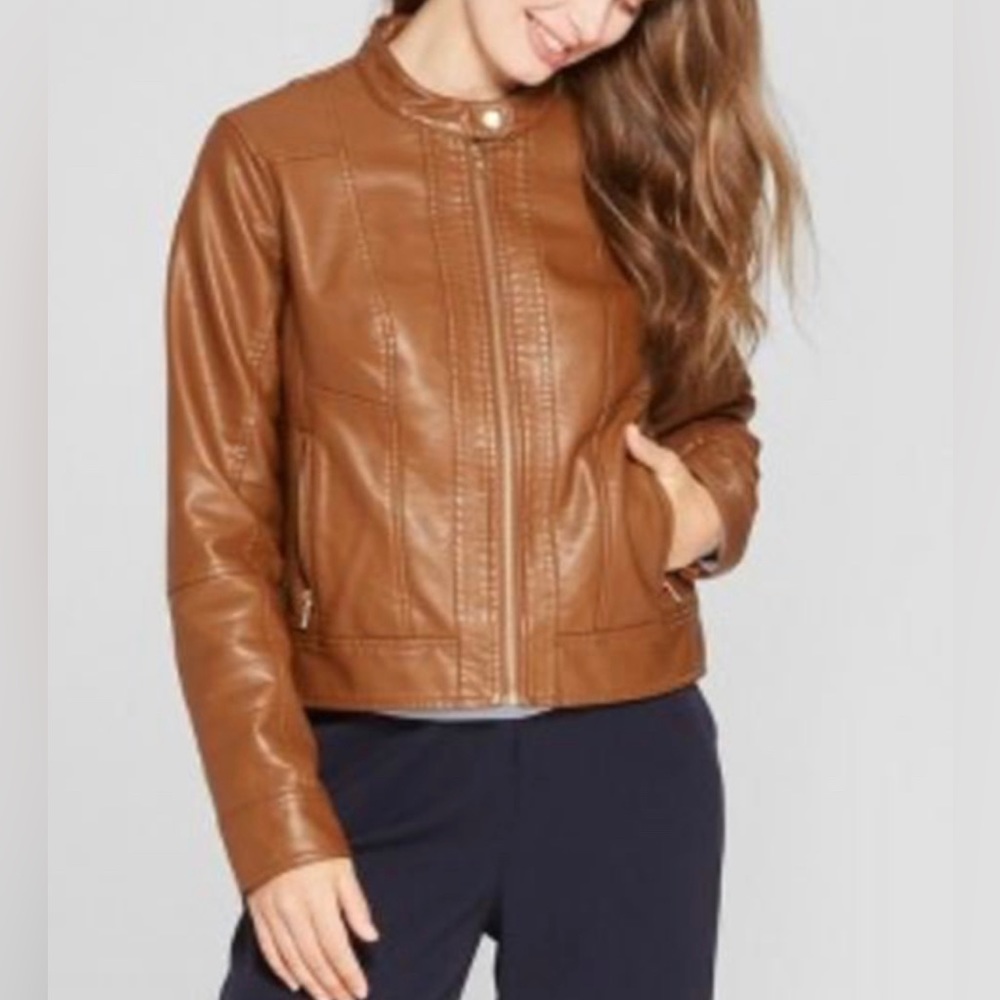 A New Day Women’s Faux Leather Moto Jacket Brown. Gently worn once
